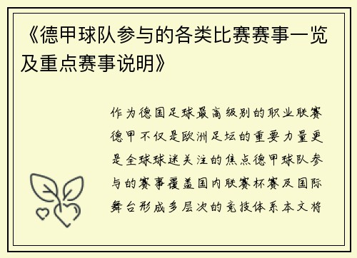 《德甲球队参与的各类比赛赛事一览及重点赛事说明》