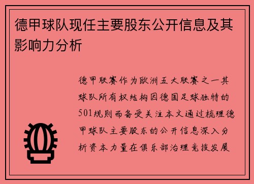 德甲球队现任主要股东公开信息及其影响力分析